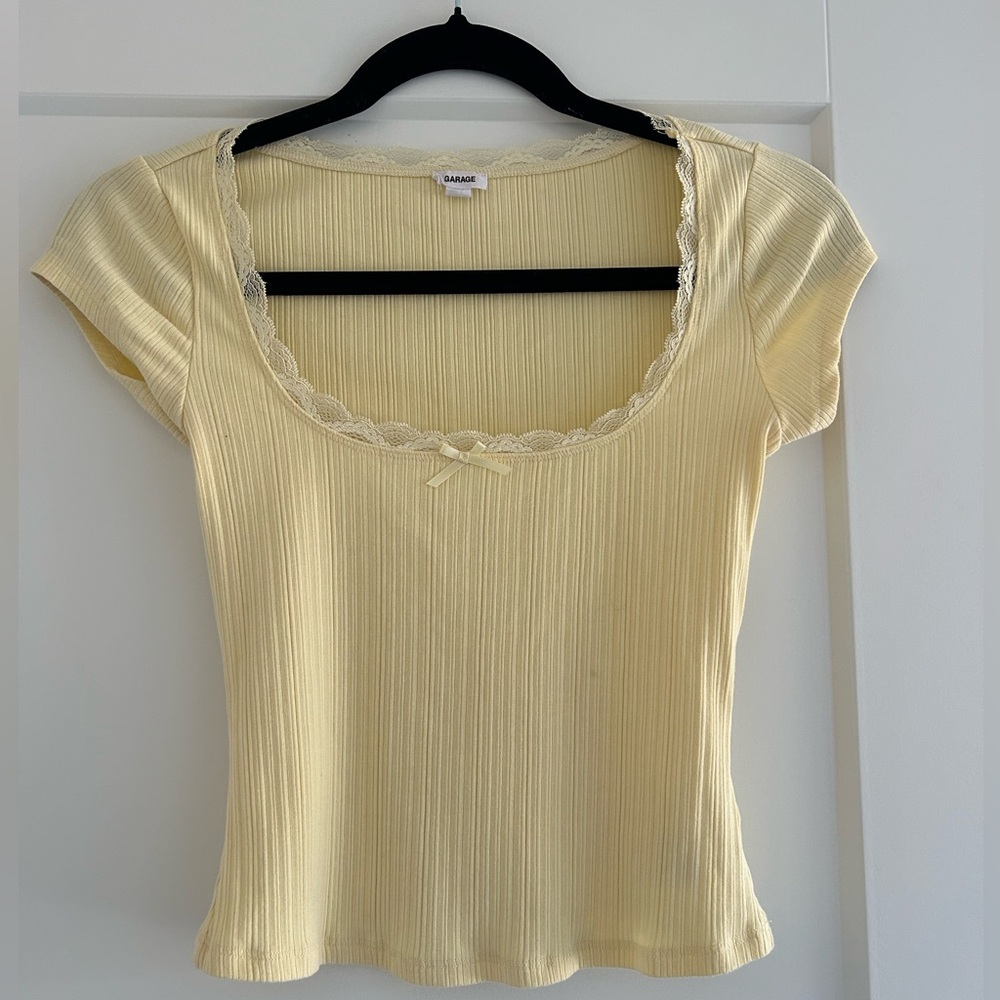 Garage Women's Light Yellow Ribbed Lace Trim Scoop Top